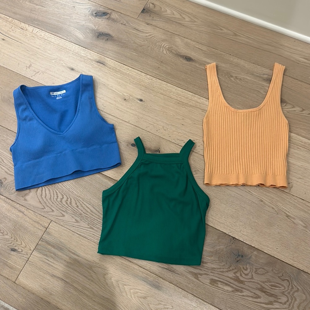 3 Piece Summer Tank set. Blue(athletic)&Orange(cotton)- Forever 21. Green-SHEIN.